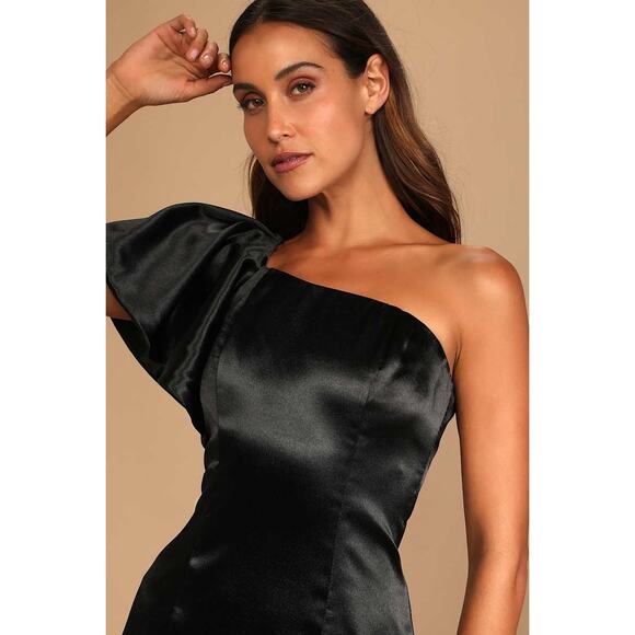 NWT Lulus Black Satin One Shoulder Ruffle Mini Dress Size Large - Picture 2 of 11